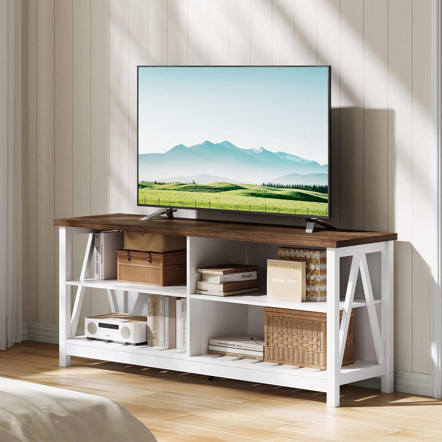 ChooChoo Farmhouse TV Stand for TVs up to 55 Inch, Modern Entertainment Center with 4 Open Shelves & Built-in Cable Holes, Media TV Console for Living Room, Bedroom, White