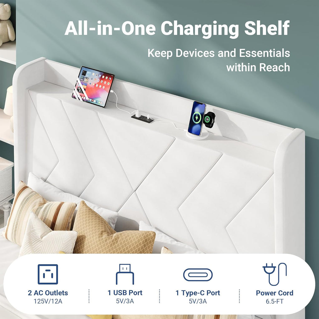 Allewie Full Size Platform Bed Frame with Charging Station and Storage Shelf/Upholstered Velvet Wingback Headboard/Wooden Slats Support/No Box Spring Needed/Easy Assembly, White