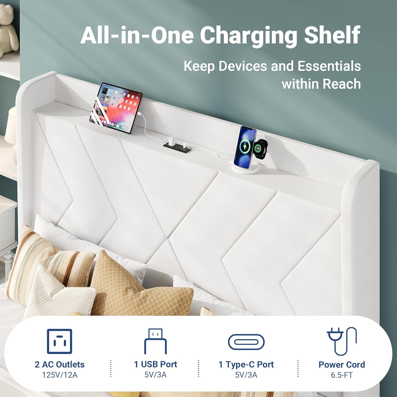 Allewie Full Size Platform Bed Frame with Charging Station and Storage Shelf/Upholstered Velvet Wingback Headboard/Wooden Slats Support/No Box Spring Needed/Easy Assembly, White
