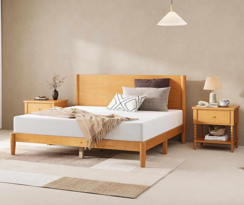 AMERLIFE 3 Piece Bedroom Set Includes Solid Wood Full Platform Bed Frame with Headboard and 2 Nightstands with Spindle-Turned Legs, Mid Century Modern Bedroom Furniture, Natural
