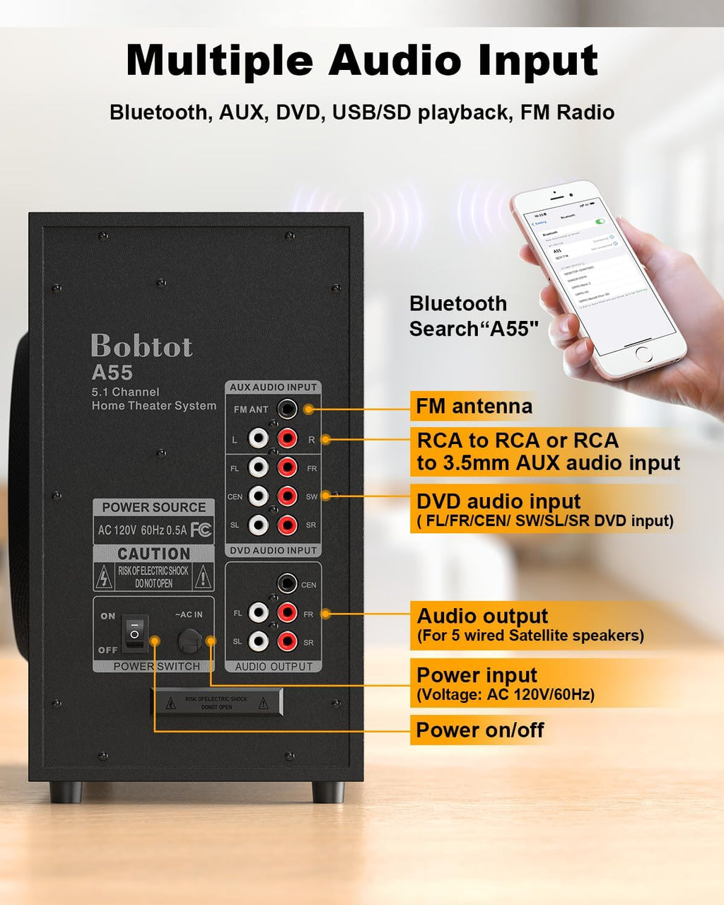 Bobtot Home Theater Systems Surround Sound System, 5.1 Wired Stereo Sound Speakers, 5.25 inch Subwoofer 600 Watts Peak Power Deep Bass Audio Stereo with FM Radio Bluetooth AUX DVD USB SD Input
