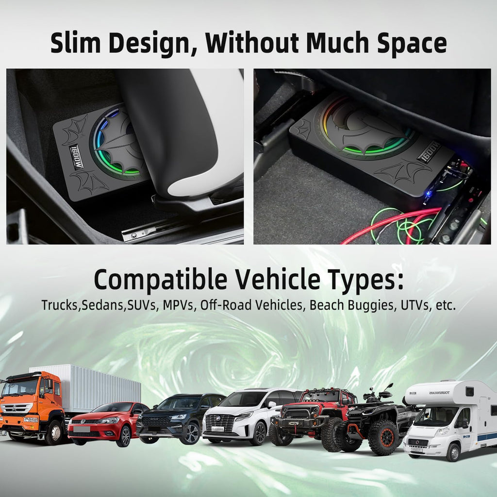 1600W Slim Underseat Subwoofer with Built-in Amp 10 Inch Sub | RGB Ambient Lighting, LPF/Gain/Bass Boost Controls, Individual Controls, Distortion-Free Deep Bass | Universal Fit for All Car