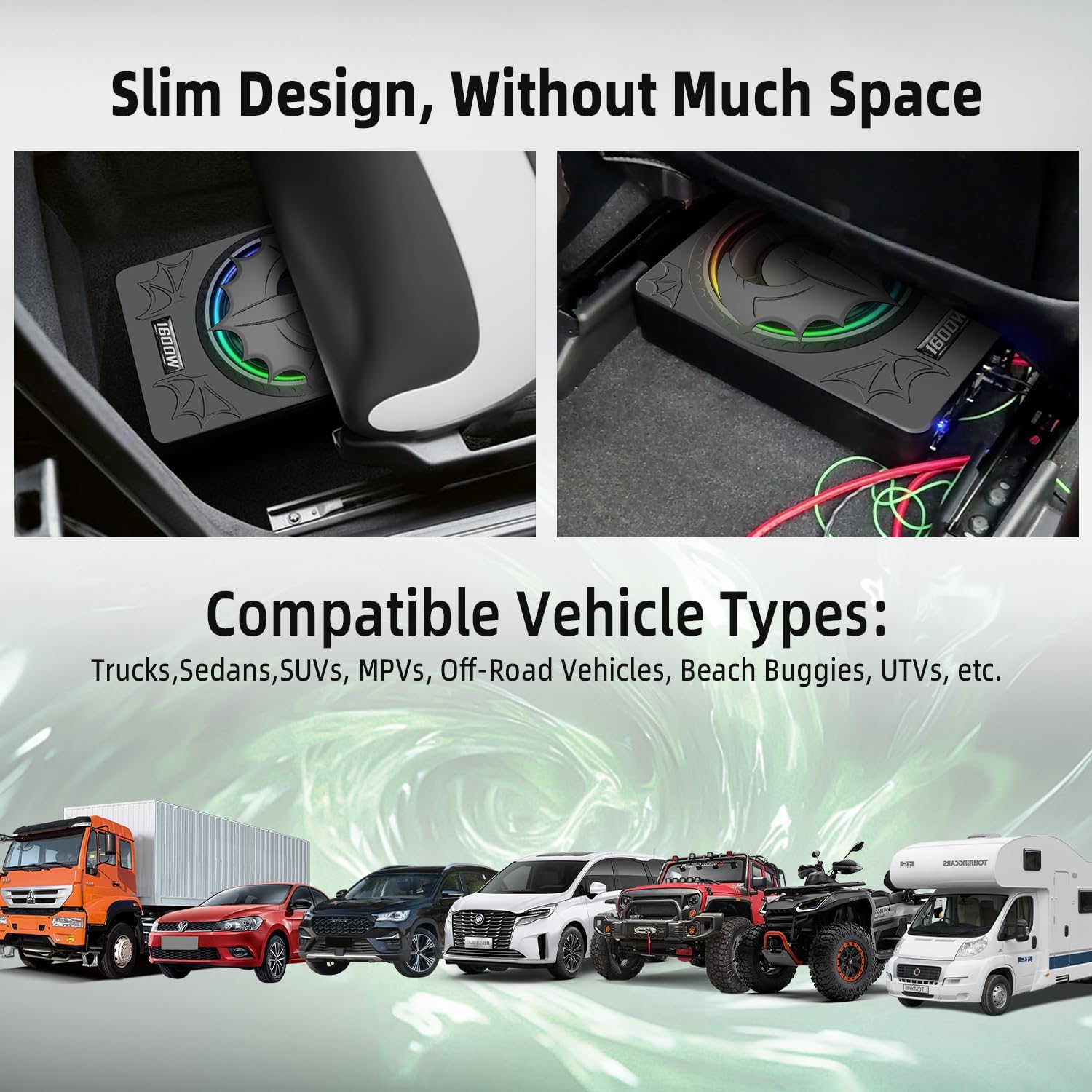 1600W Slim Underseat Subwoofer with Built-in Amp 10 Inch Sub | RGB Ambient Lighting, LPF/Gain/Bass Boost Controls, Individual Controls, Distortion-Free Deep Bass | Universal Fit for All Car