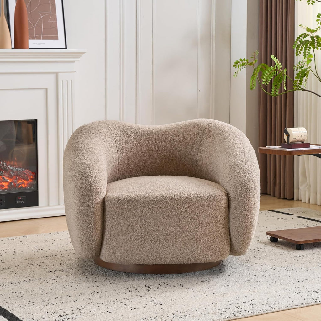 Christopher Knight Home Beckie Boucle Upholstered 360° Swivel Accent Chair, Living Room Barrel Swivel Chair with Wooden Base, Modern Club Chair with Rotation, Light Brown