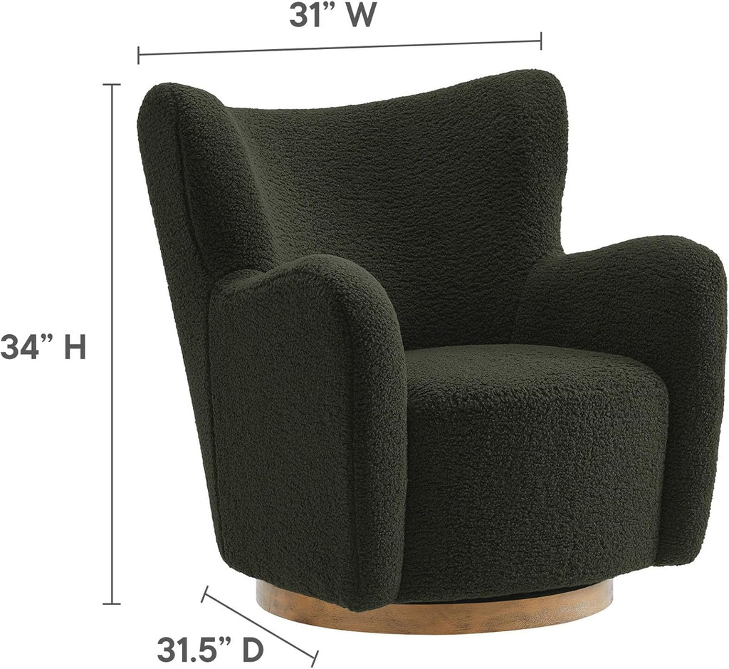 Modway Montrose Swivel Wingback Accent Chair in Fern Walnut Sherpa Teddy Fabric – Modern Furry Barrel Chair with 360-Degree Swivel Base – Soft and Comfy Living Room Chair