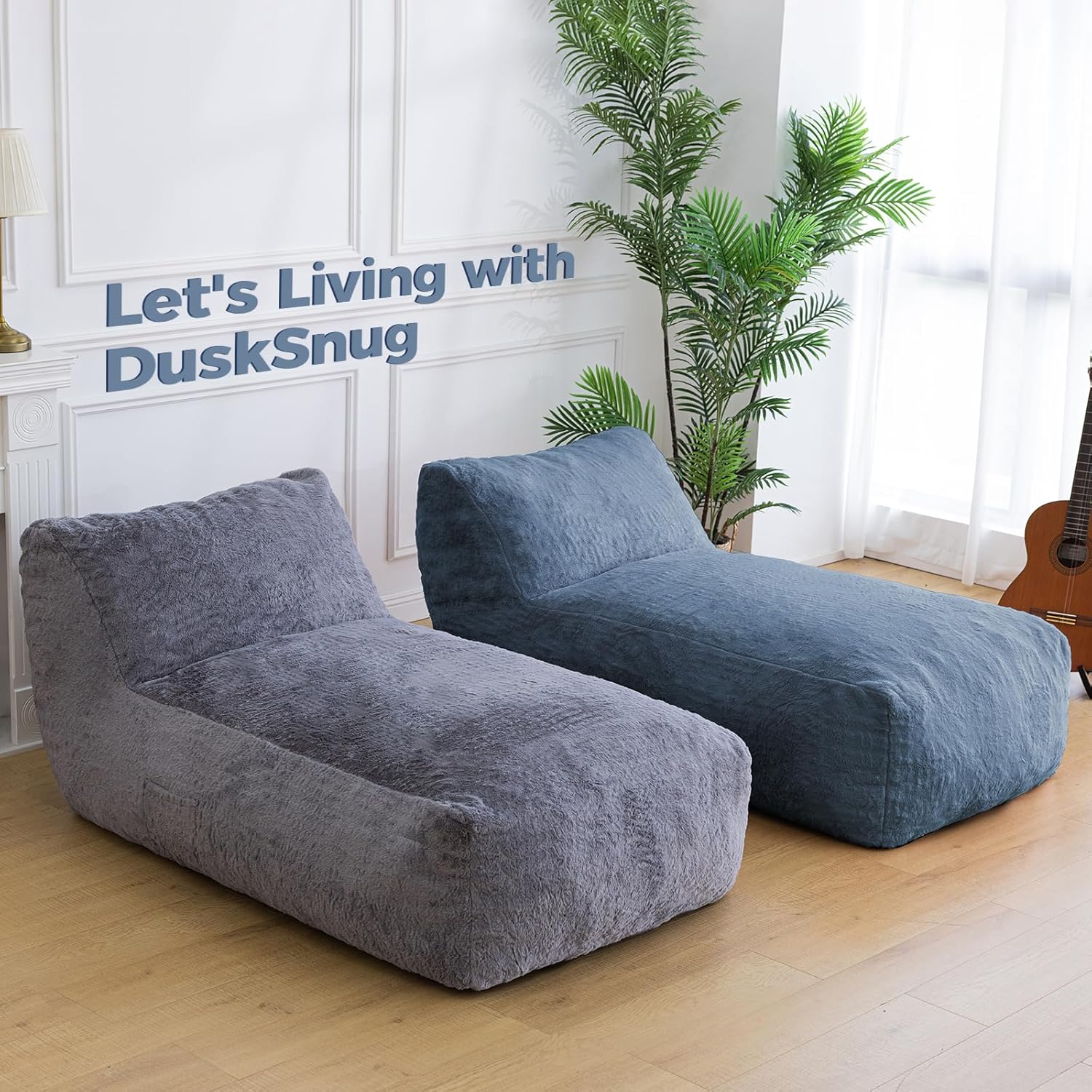 Giant Bean Bag Chair for Adults (59"x34"), Big Faux Fur Plush Bean Bag Lounger, Large Memory Foam Lounger Chair with Pockets for Living Room, Bedroom & Dorm (Grey)