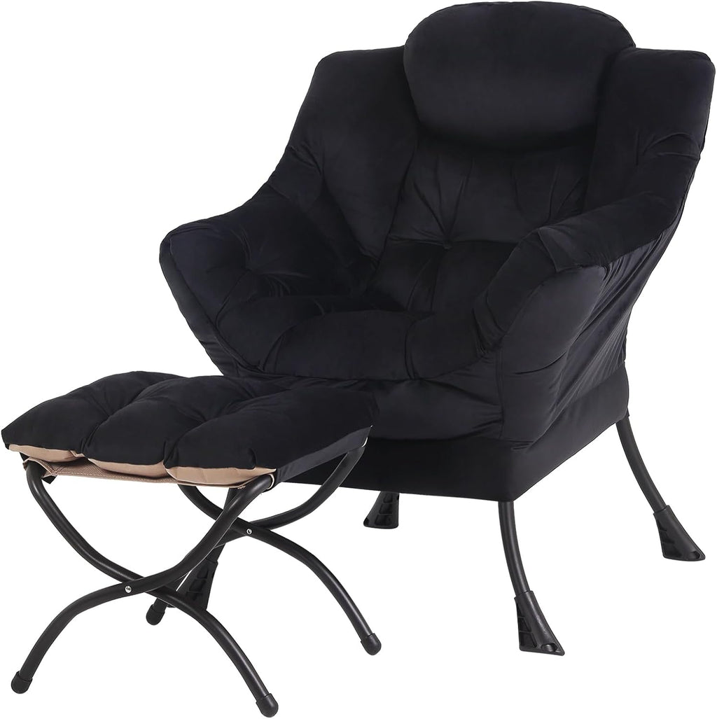 Tiita Lazy Chair with Ottoman, Black Modern Large Accent Chair, Comfy Leisure Sofa Armchair with Ottoman, Reading Chair with Footrest for Bedroom, Living Room, Dorm Rooms, Velvet Black