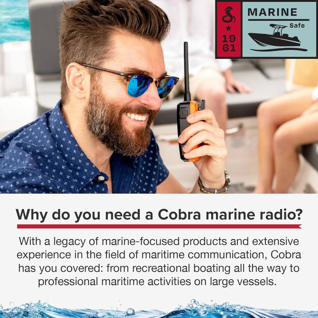 Cobra BlueBound 150 VHF Handheld Marine Radio - Black - 3-Watt, Floating, Long Range, NOAA Weather Alerts, International Functionality, IPX7 Waterproof, USB-C, Submersible, LCD Screen, Belt Clip