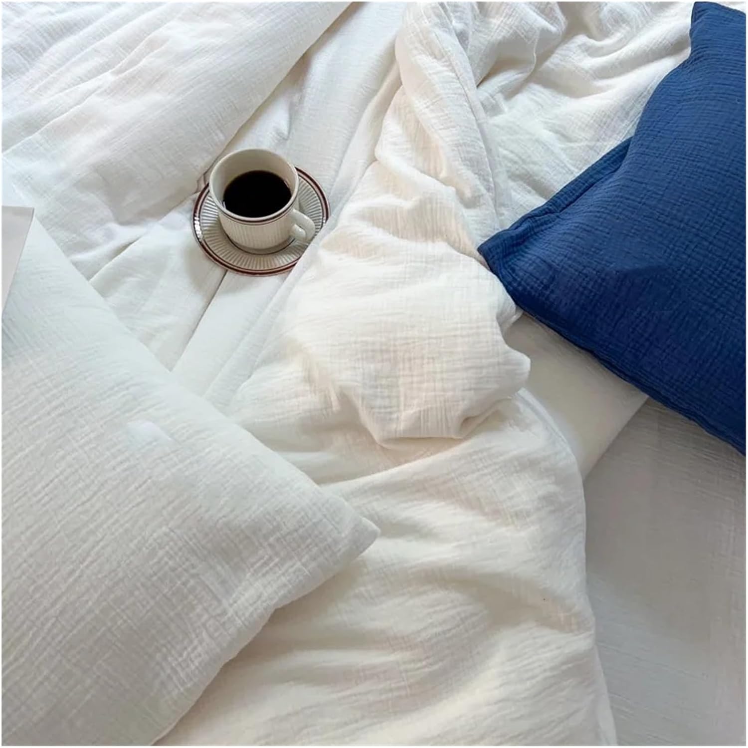 Bed, Natural 100% Cotton Linen Feel Soft Comfortable 4Pcs Bedding Set Solid Twin Queen Duvet Cover Flat/Fitted Sheet Pillowcases