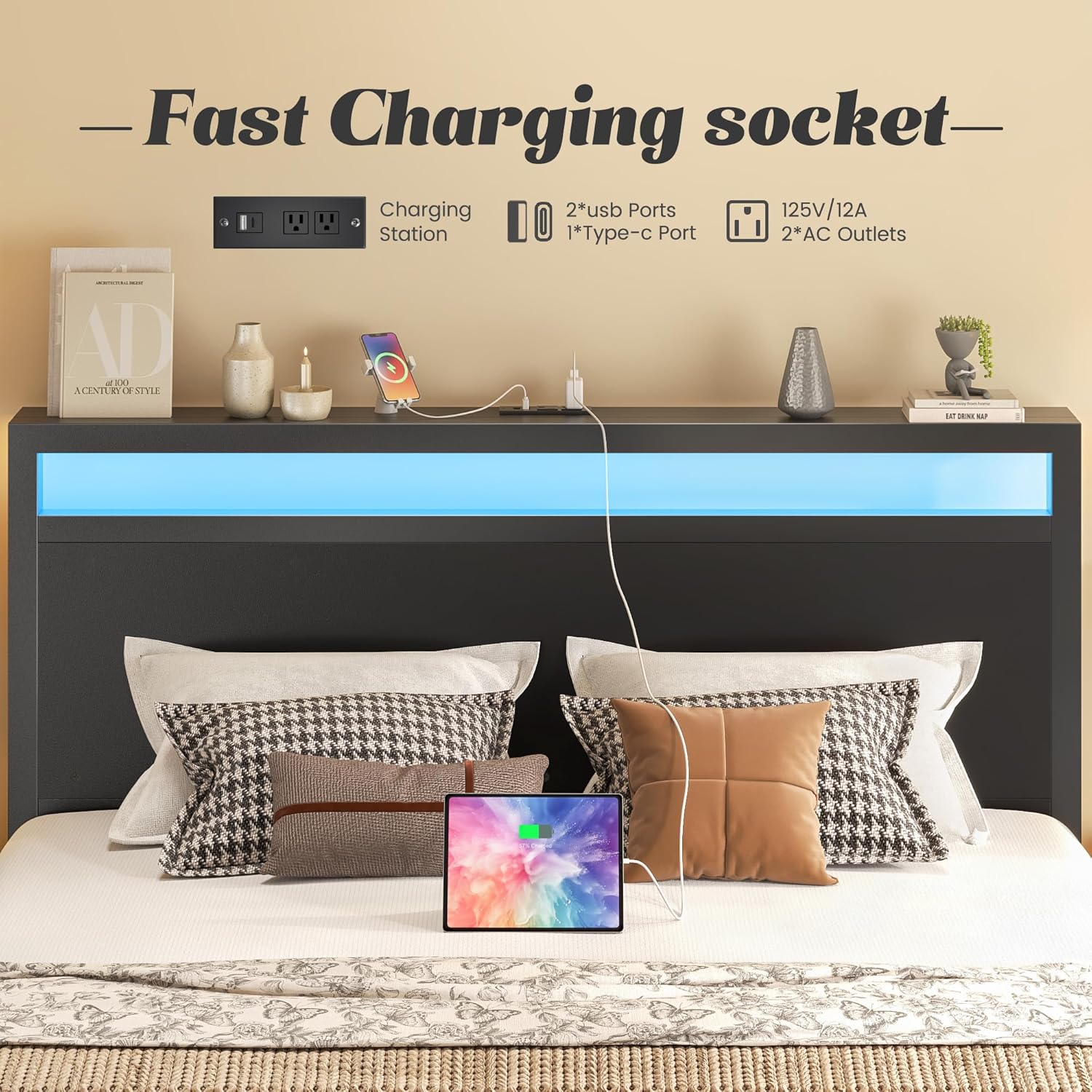 Fluest Queen Bed Frame with Headboard & Footboard, Bed Frame with Built-in Charging Station & LED Light, Storage Shelf, Noise-Free, No Box Spring Needed, Easy Assembly, Classic Black