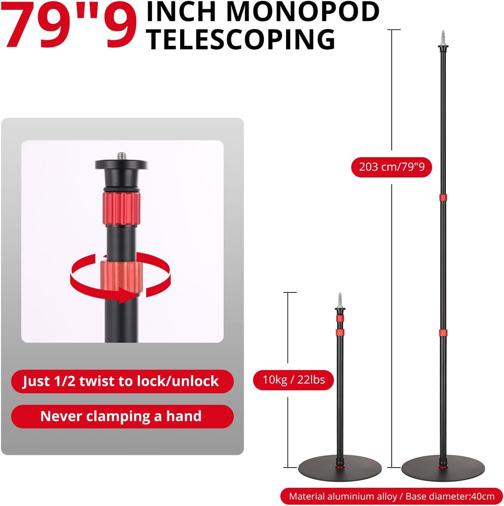 GVM YB2L200 79.9in Heavy Duty Light Stand Kit (2-Pack), Round Base Monopod, 10kg Load Capacity, Flat Base for Stability, for Video Recording, Live Streaming, Interviews & Photography Studio