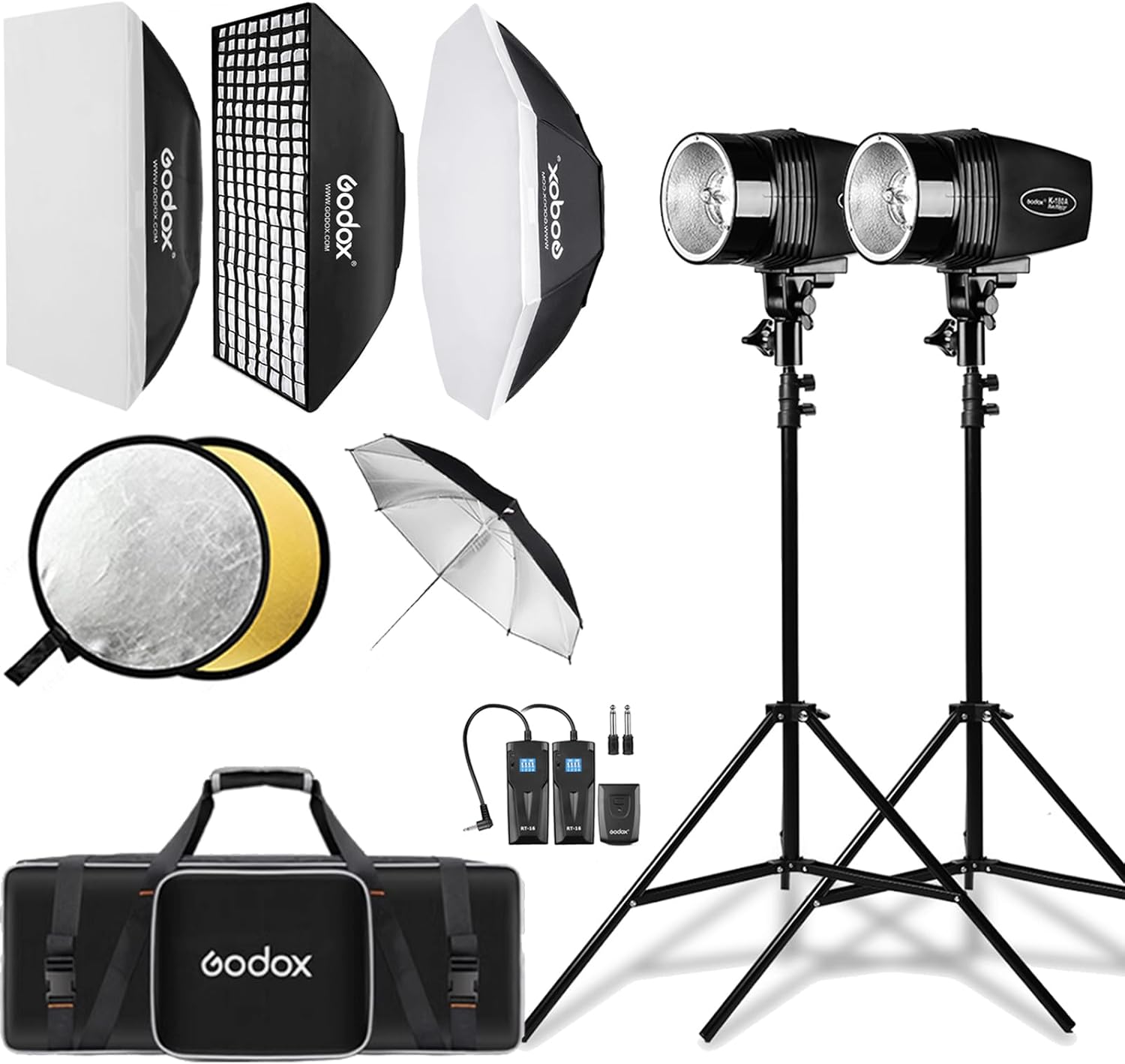 Godox Studio Flash Light Kit for Photography, Strobe Softbox Lighting Kit, 2x180W Daylight Compact Monolight with Flash Trigger, Softbox, Light Stands, Reflector Storage Bag, Umbrella, AC 110V Powered
