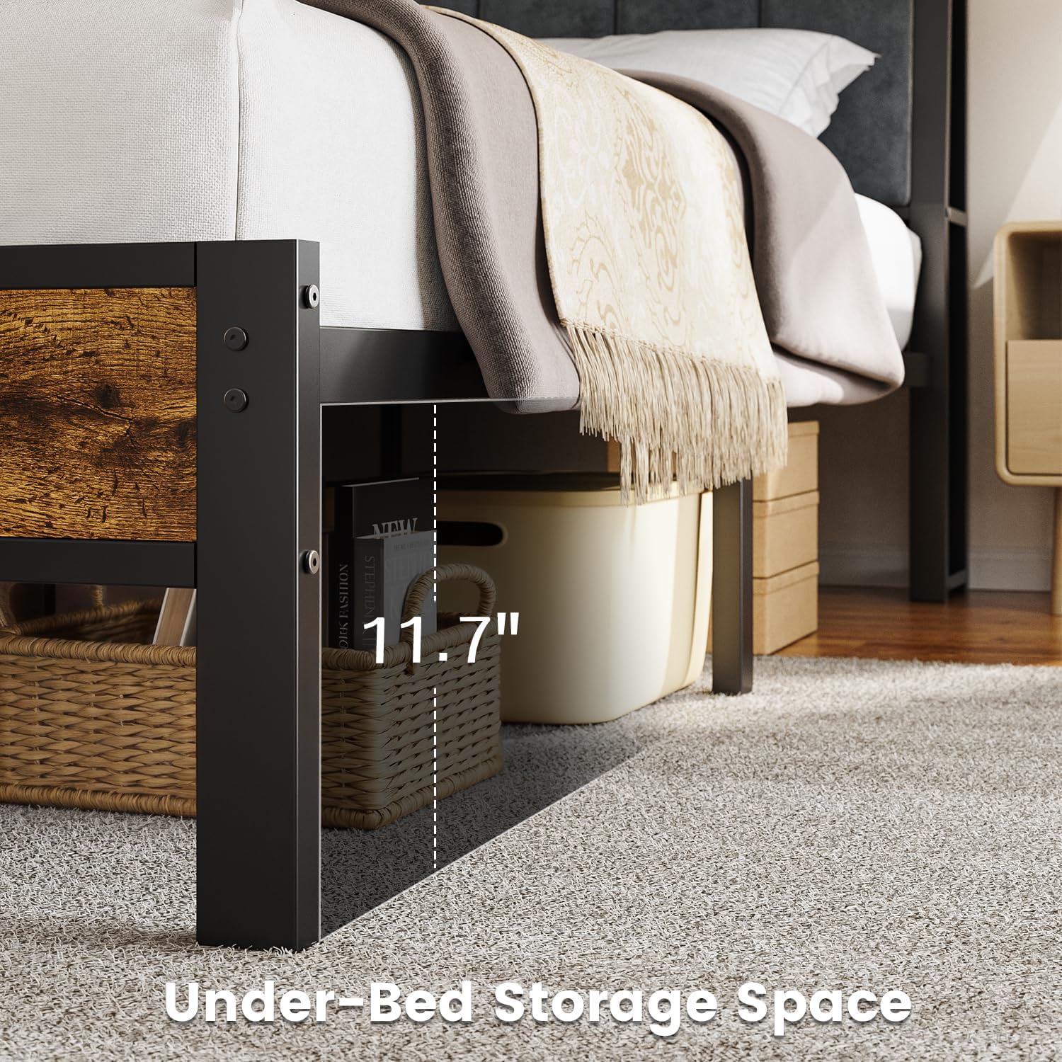 Queen Size Bed Frame with Wood Headboard, Metal Platform Bed with USB Charging Station and Smart LED Lights, No Box Spring Needed, Easy Assembly