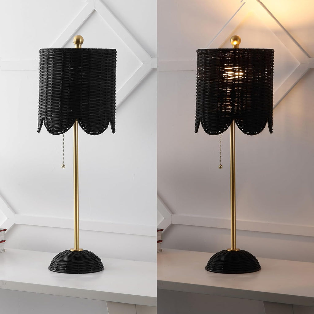 JONATHAN Y 27.5" Black/Brass Gold Coastal Buffet Table Lamp Set of 2 for Bedroom, Boho Table Lamps with Natural Rattan Scalloped Shade, Pull Chain, LED Bulbs Included (JYL1138C-SET2)