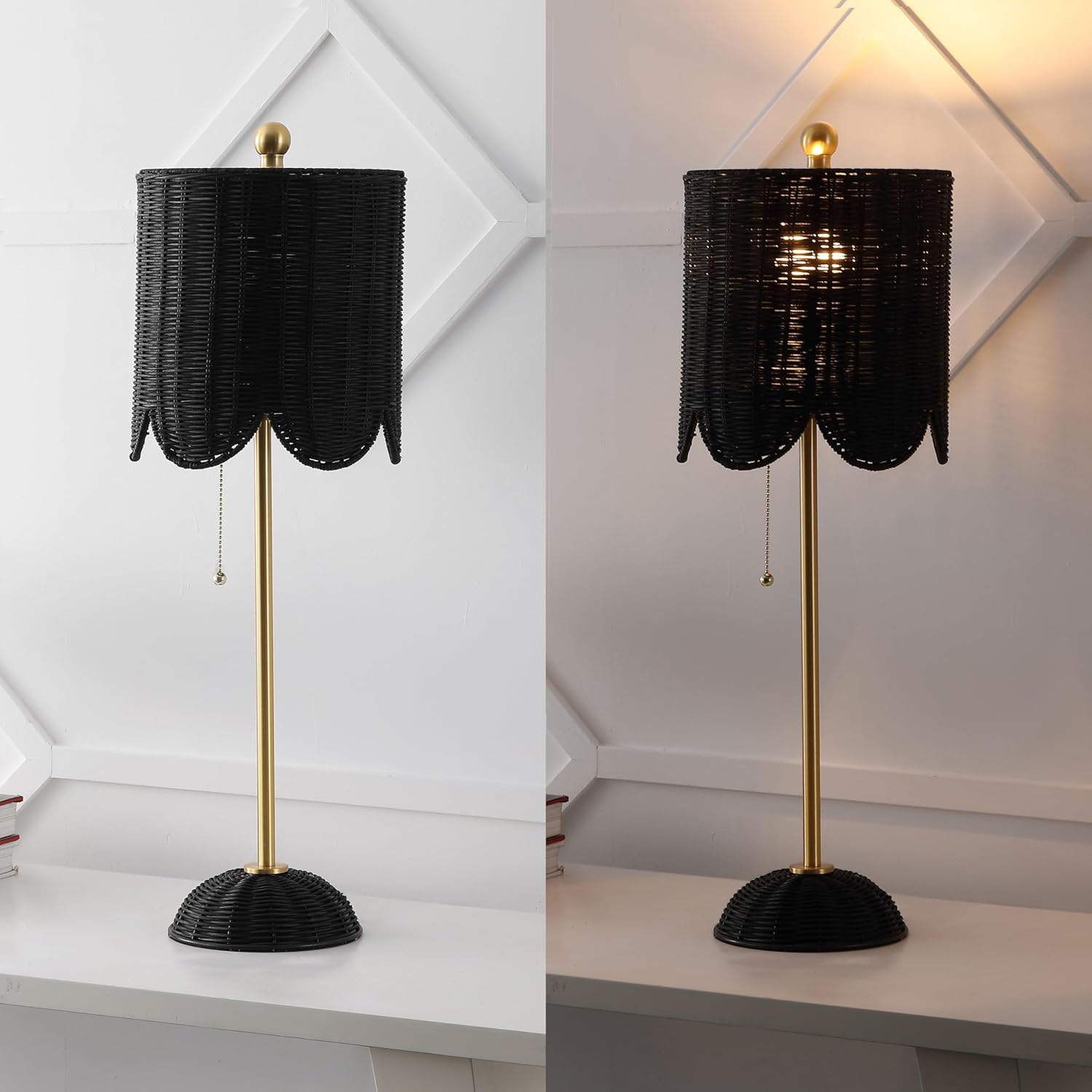 JONATHAN Y 27.5" Black/Brass Gold Coastal Buffet Table Lamp Set of 2 for Bedroom, Boho Table Lamps with Natural Rattan Scalloped Shade, Pull Chain, LED Bulbs Included (JYL1138C-SET2)