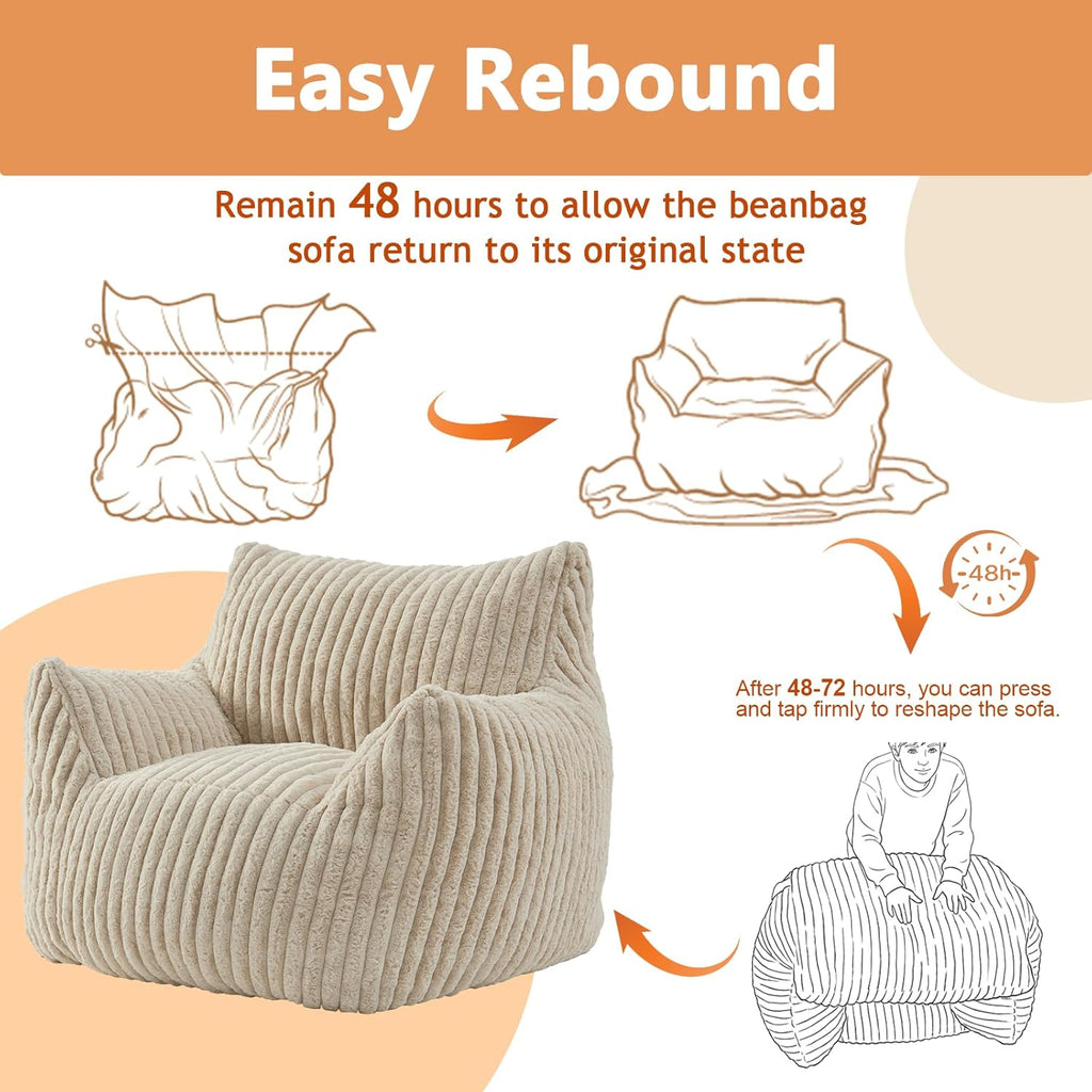 Giant Bean Bag Chairs for Adults Teens with Filling Large Fluffy Bean Bag Chair with Armrests Plush Comfy BeanBag Couch Sofa Chair for Bedroom Living Room Reading