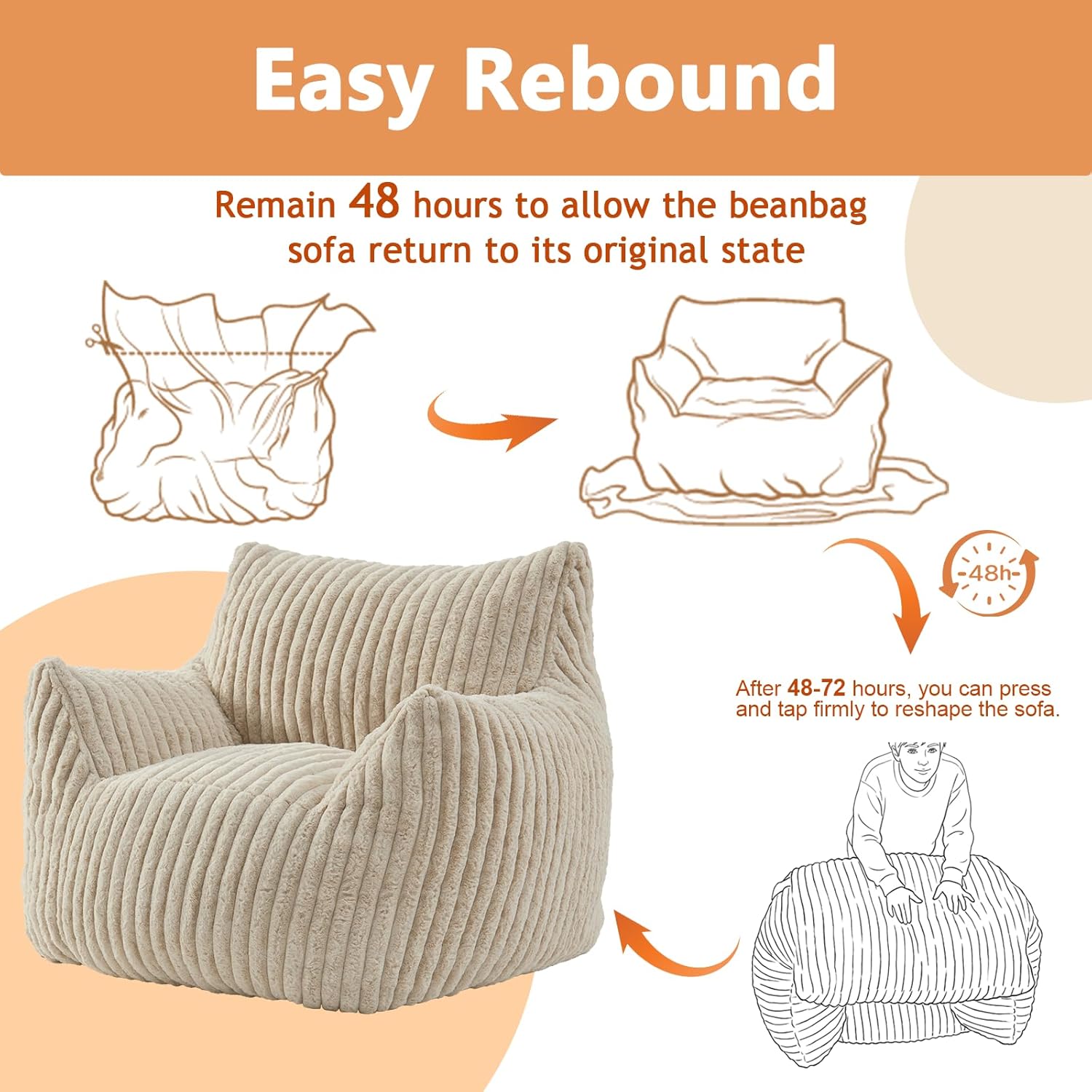 Giant Bean Bag Chairs for Adults Teens with Filling Large Fluffy Bean Bag Chair with Armrests Plush Comfy BeanBag Couch Sofa Chair for Bedroom Living Room Reading