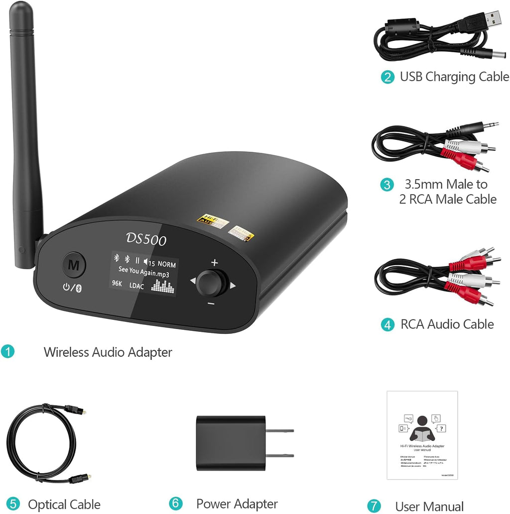 1Mii DS500 Hi-Res Bluetooth 5.3 Receiver, 32-Bit/384kHz Audiophile DAC, Lossless LDAC & aptX HD, OLED Display, Built-in EQ, RCA/Optical/Coaxial Out for Home Stereo, AV Receiver & Amplifier