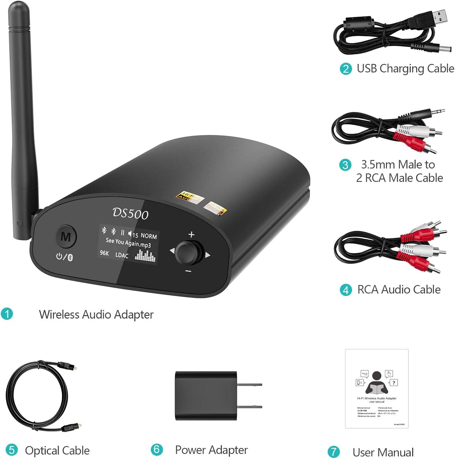 1Mii DS500 Hi-Res Bluetooth 5.3 Receiver, 32-Bit/384kHz Audiophile DAC, Lossless LDAC & aptX HD, OLED Display, Built-in EQ, RCA/Optical/Coaxial Out for Home Stereo, AV Receiver & Amplifier