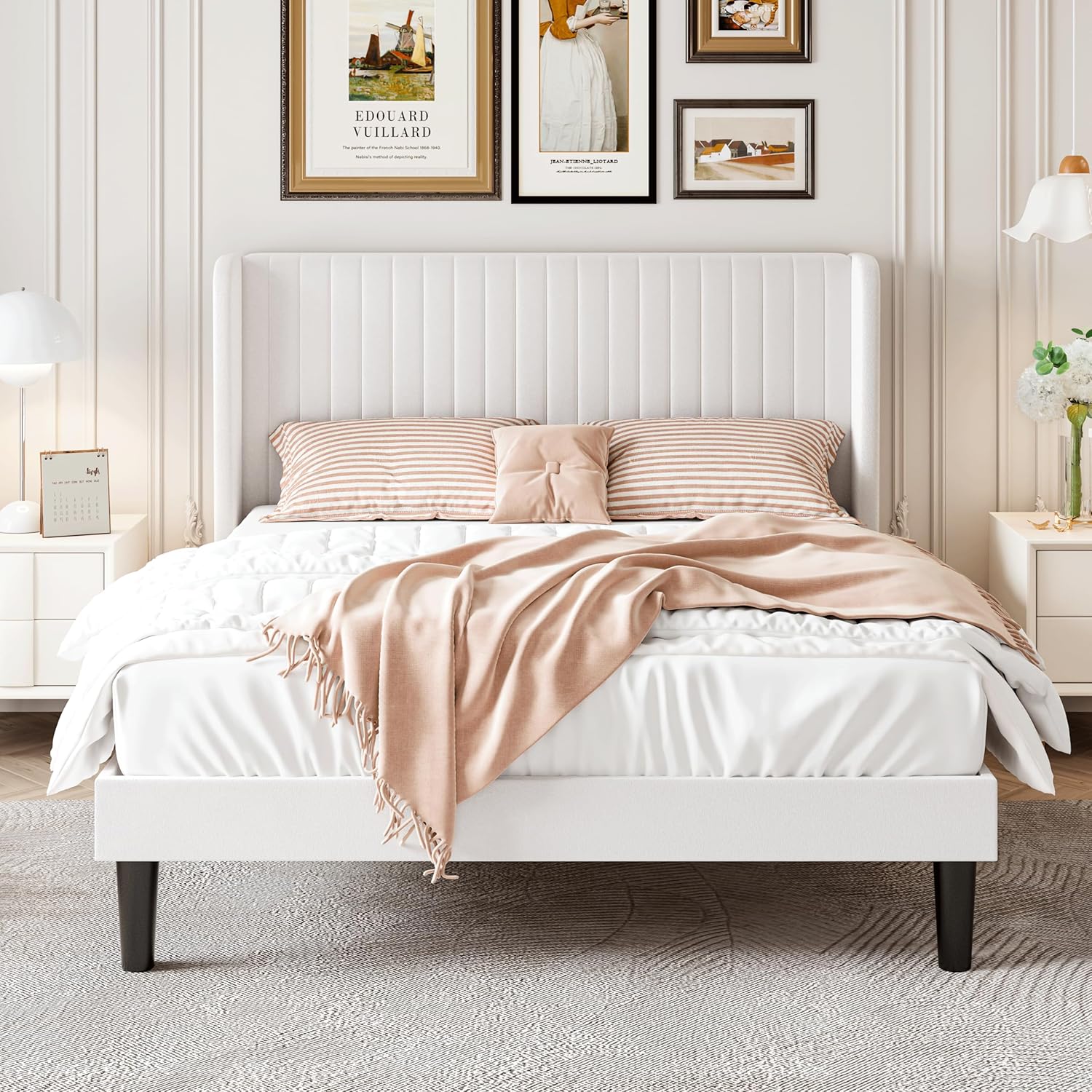 SHA CERLIN Full Size Velvet Bed Frame with Vertical Channel Tufted Wingback Headboard, Upholstered Platform Bed with Wood Slats, No Box Spring Needed, Easy Assembly, White