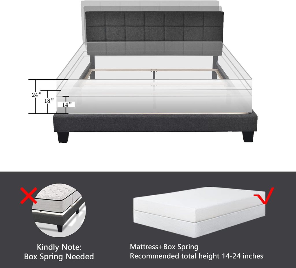 Allewie Queen Size Panel Bed Frame with Adjustable Headboard for High Profile/Fabric Upholstered/Square Stitched Padded Headboard/Box Spring or Bunkie Board Required/Dark Grey