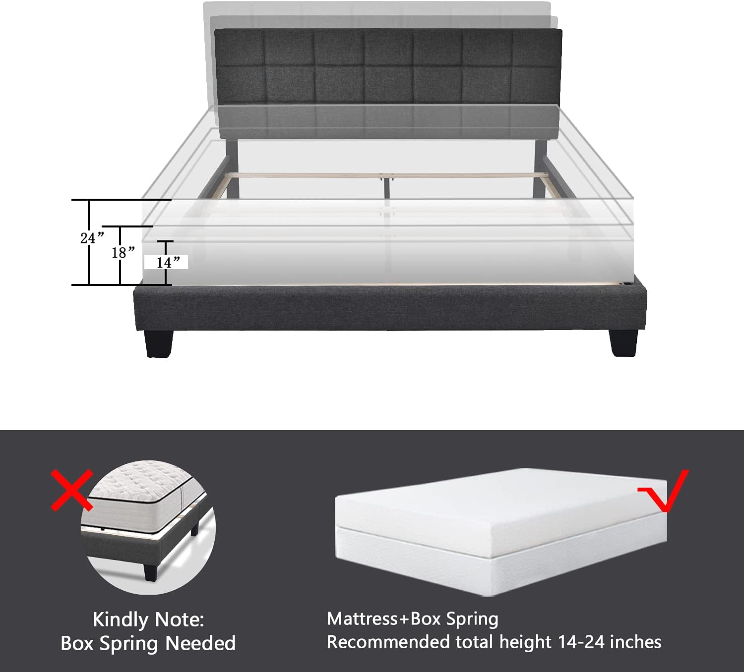 Allewie Queen Size Panel Bed Frame with Adjustable Headboard for High Profile/Fabric Upholstered/Square Stitched Padded Headboard/Box Spring or Bunkie Board Required/Dark Grey