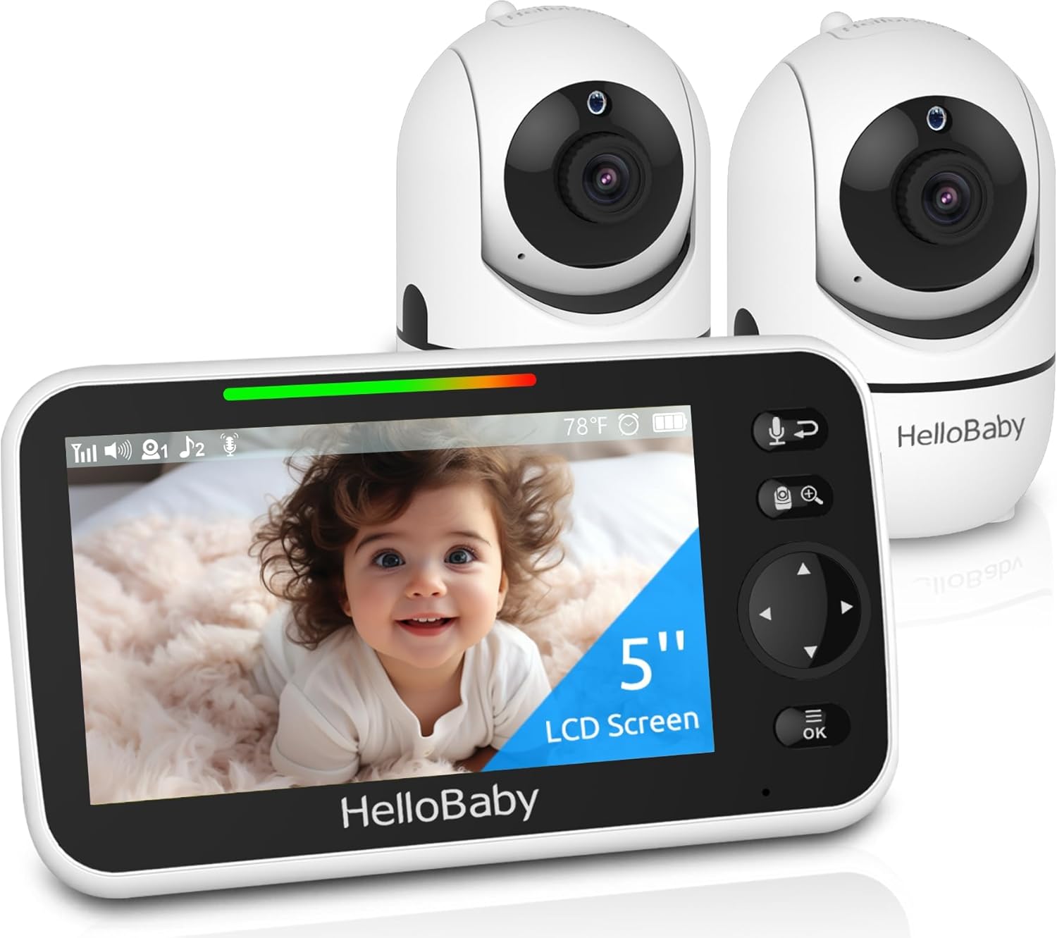 HelloBaby Upgrade 5'' Baby Monitor with 30-Hour Battery, 2 Cameras Pan-Tilt-Zoom, 1000ft Range Video Audio Baby Monitor No WiFi, VOX, Night Vision, 2-Way Talk, 8 Lullabies and Temperature