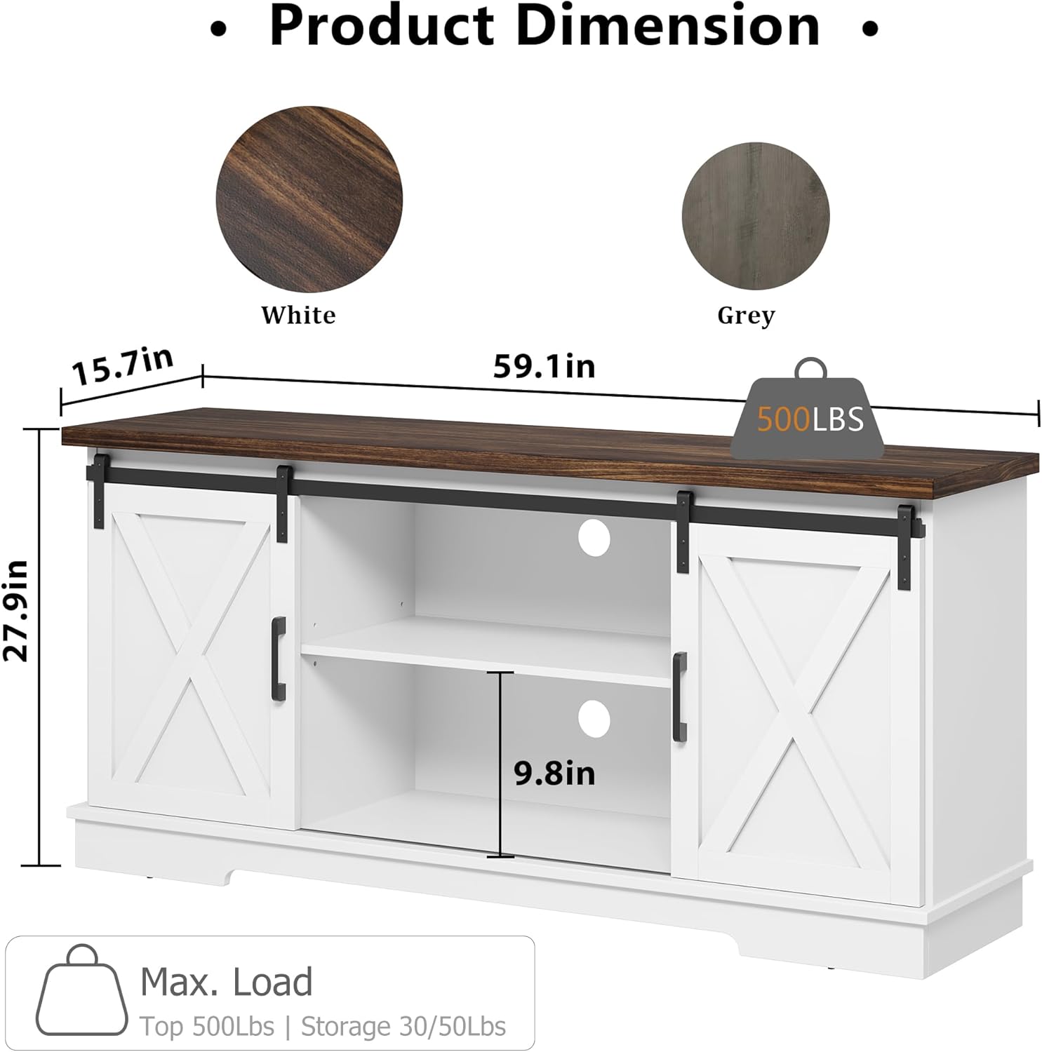 IDEALHOUSE Farmhouse Tv Stand for 65 inch TVs, Entertainment Center with Sliding Barn Doors and Adjustable Shelf, Modern Storage Media TV Console TV Stand Table for Living Room, Bedroom, White & Brwon