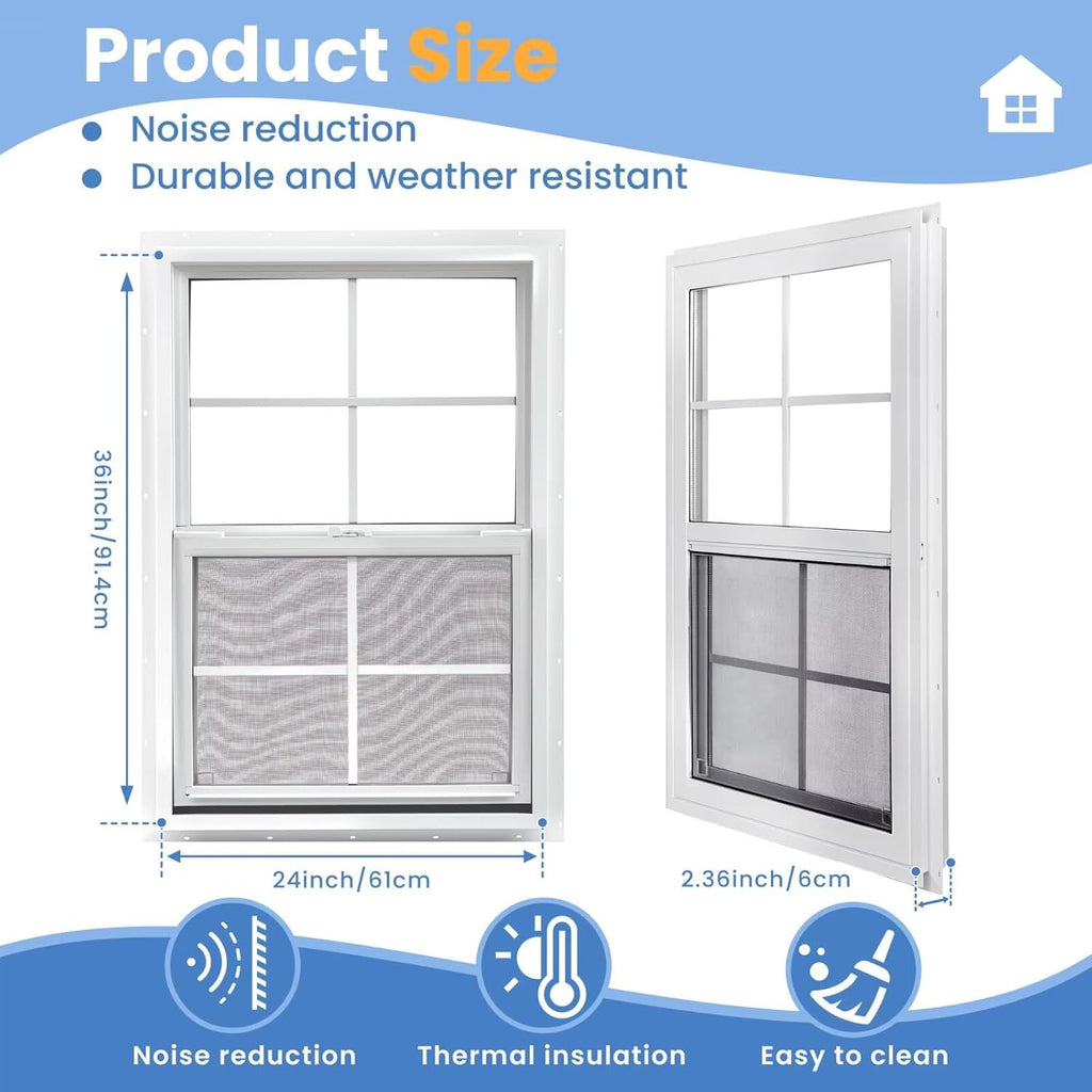 Vinyl Single Hung Window, 24" x 36" Household Sliding Window with Double-Pane Insulated Tempered Glass, Lower Tilt Sash Screen Included Window for House, Mobile Home (White)
