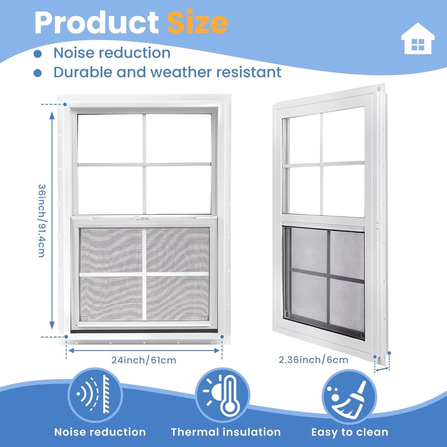 Vinyl Single Hung Window, 24" x 36" Household Sliding Window with Double-Pane Insulated Tempered Glass, Lower Tilt Sash Screen Included Window for House, Mobile Home (White)