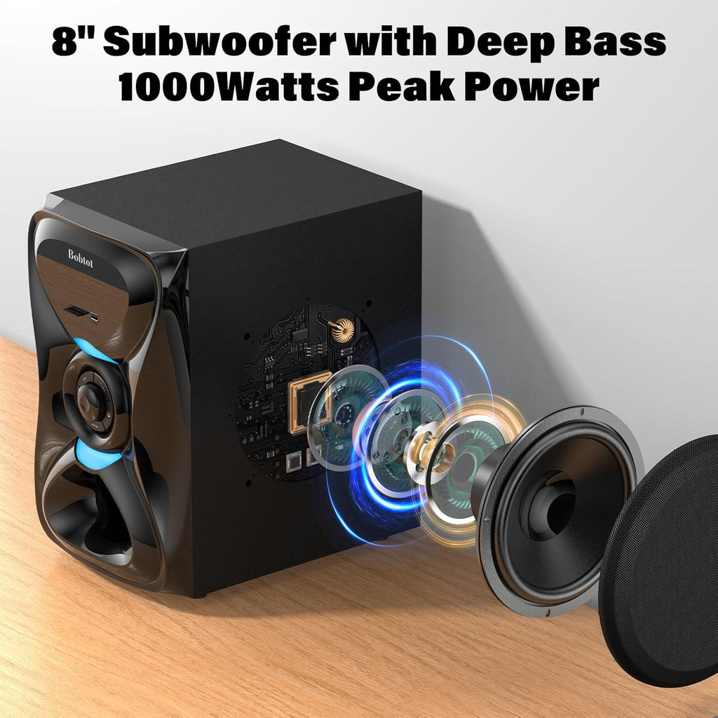 Bobtot Surround Sound Systems Wireless Rear Satellite Speakers - 1000W Peak Deep Bass 8 inch Subwoofer 5.1/2.1 Channel Home Theater System with ARC Optical Bluetooth Karaoke Input