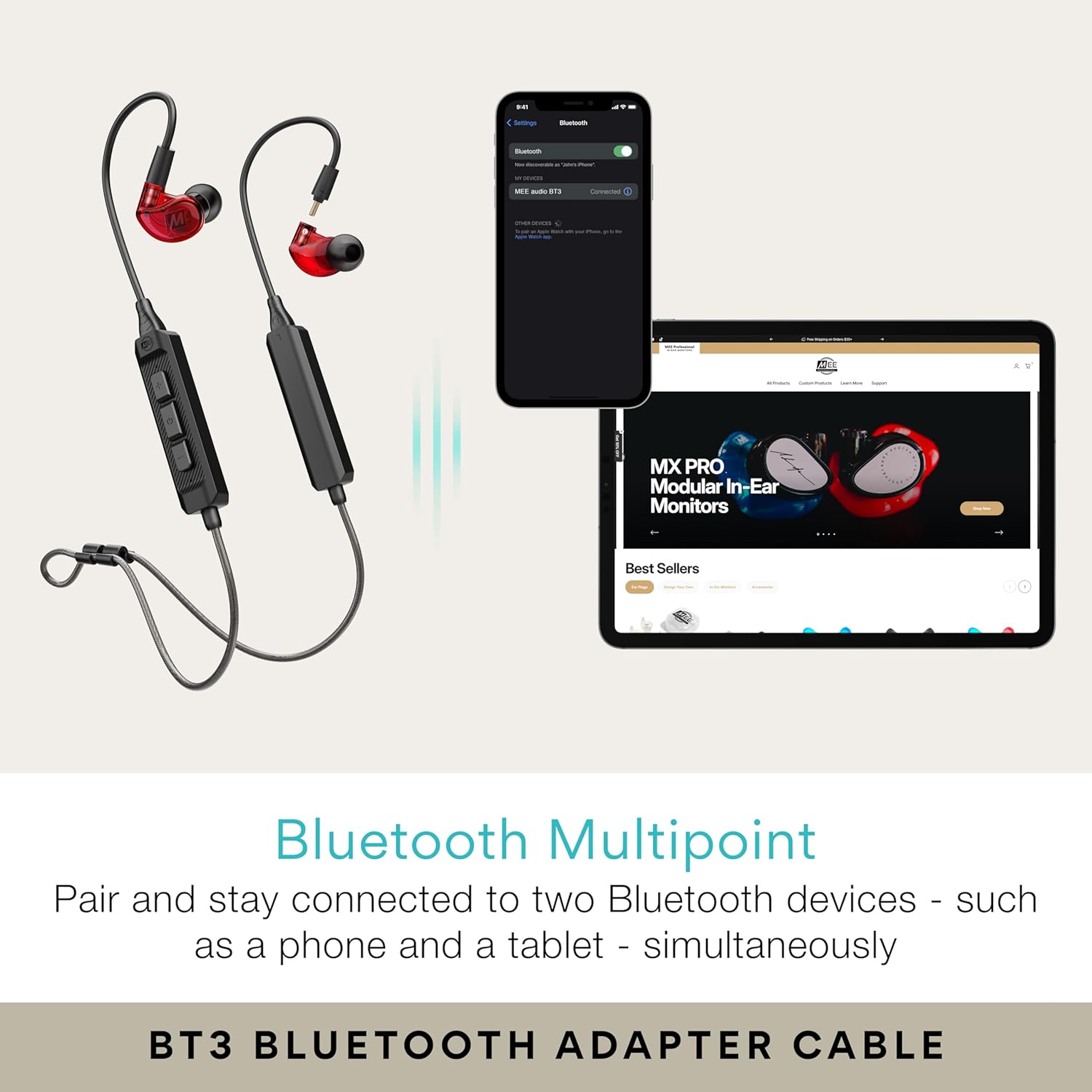MEE audio M6 PRO Musicians' in-Ear Monitors Wired + Wireless Combo Pack: Includes IEMs, 2 Audio Cables and BT3 Hi-Res Bluetooth Audio Adapter w/aptX, LDAC, Auracast Support, & Built-in Headset (Red)