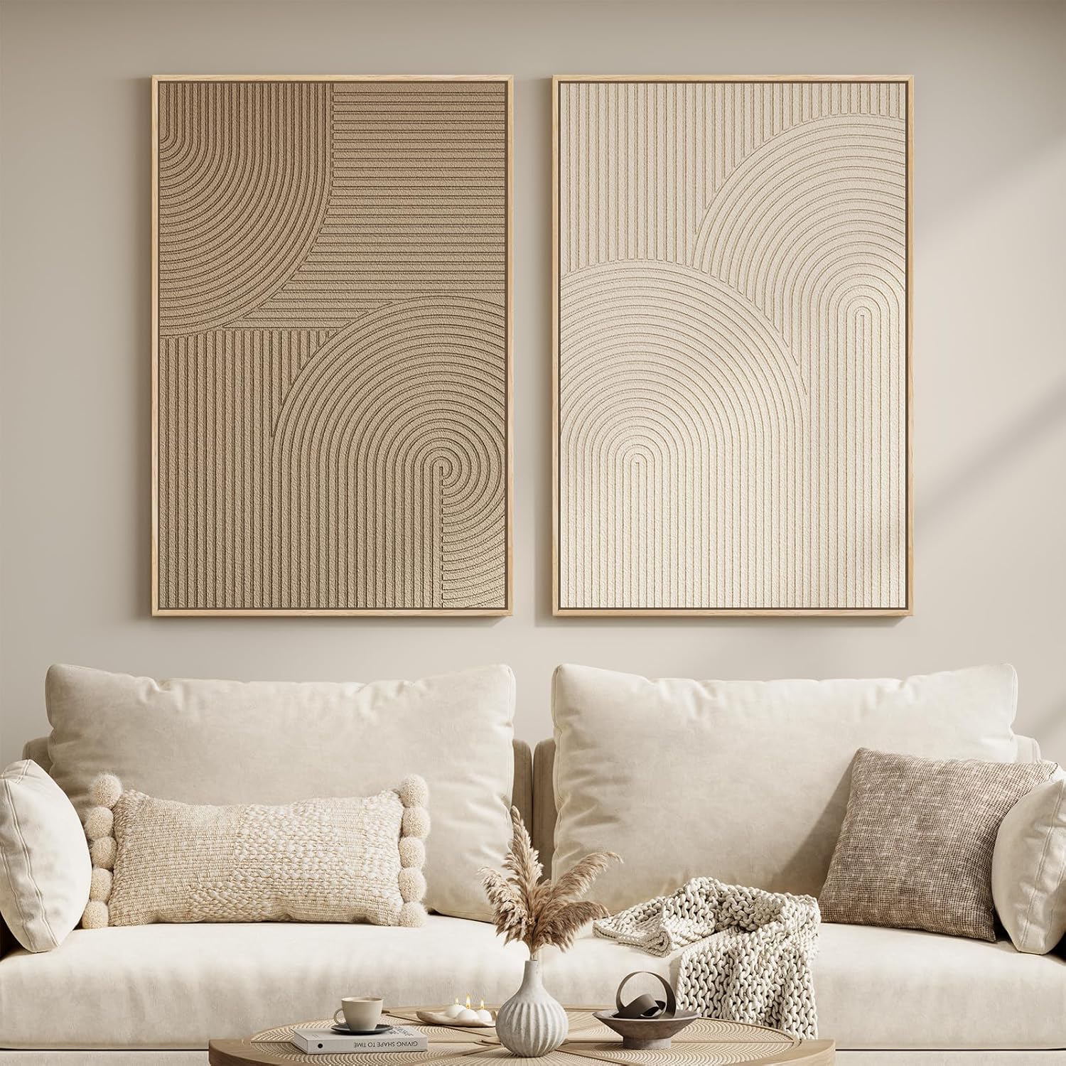 Large 3D Textured Framed Neutral Abstract Wall Art Set, 2 Piece Modern Minimalist Paintings Artwork for Walls, Beige Brown Geometric Line Pictures for Living Room Bedroom Hallway Wall Decor 24x36 In