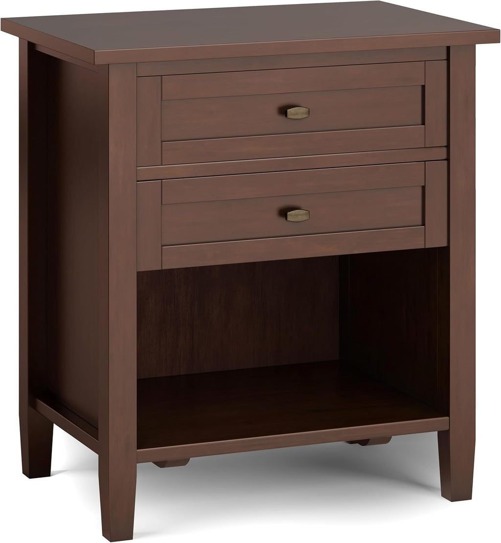 SIMPLIHOME Warm Shaker Bedside Table - 24 inch Wide Solid Wood Nightstand in Russet Brown, Transitional Bedroom Side or End Table with 2 Drawers, Open Shelf Storage and Brushed Nickel Hardware