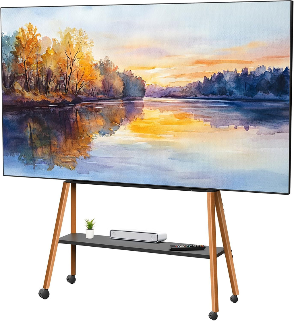 VIVO Rolling Artistic 43 to 75 inch LED LCD Screen Mobile Studio TV Easel Stand, Wood Accessory Shelf, Adjustable TV Mount with 4 Walnut Legs, Black Frame, STAND-TV75R