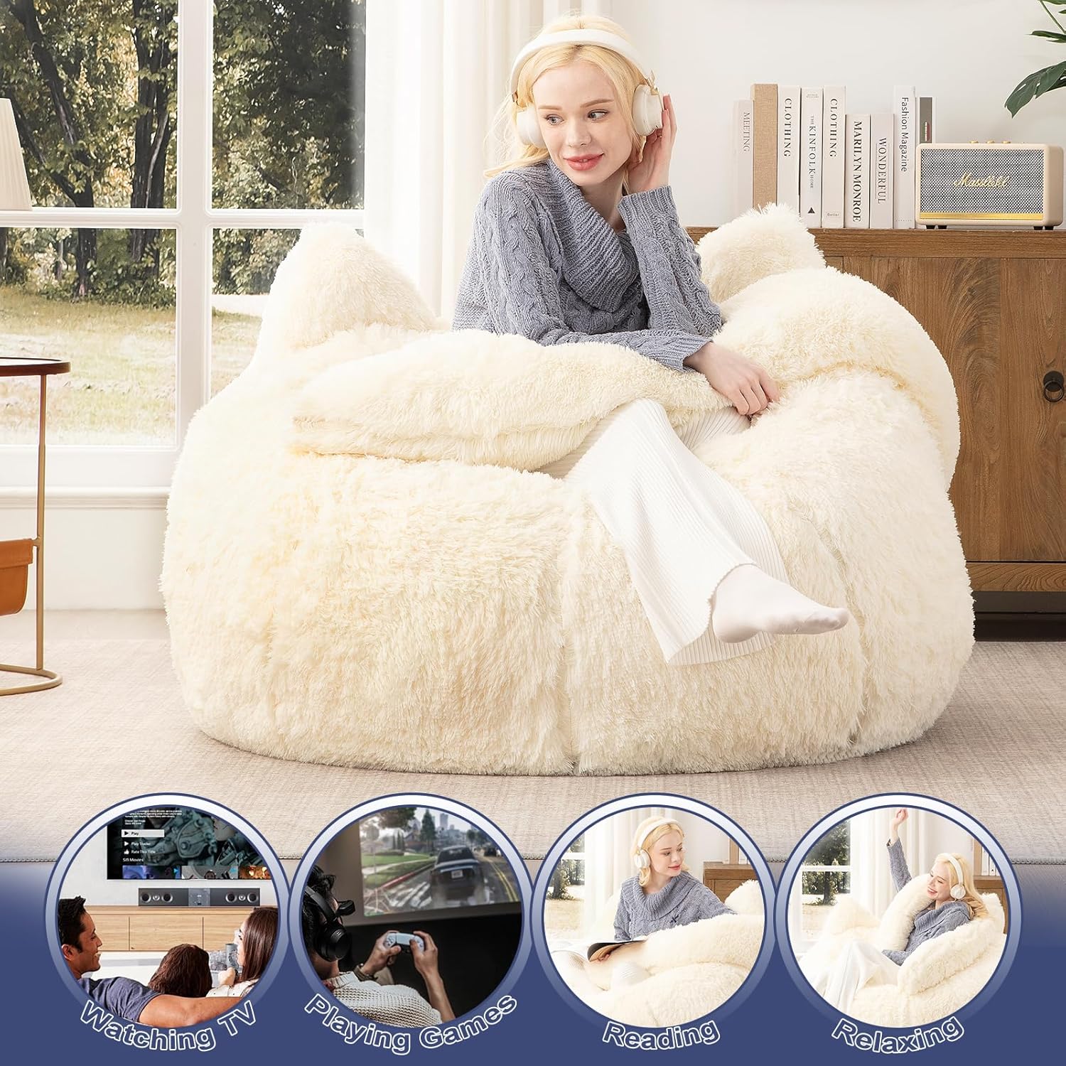 Achicsofar Bean Bag Chair for Adults Teens Giant Faux Fur Bean Bag Chairs with Filler Fluffy Plush Cat Shaped Beanbag Couch Comfy Accent Floor Sofa for Gaming, Reading in Living Room, Bedroom, Dorm