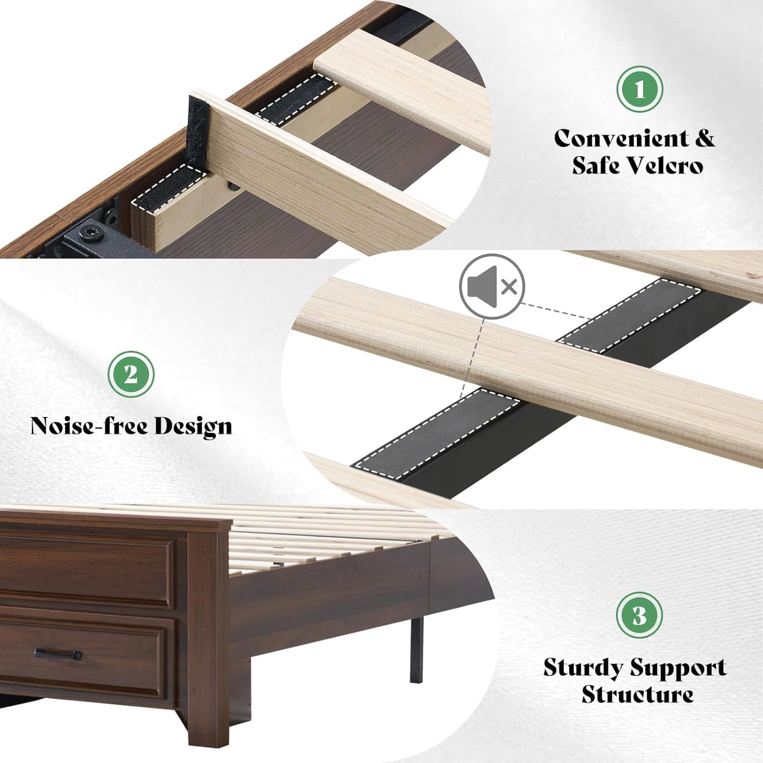 AMERLIFE Farmhouse Queen Size Bed Frame with 52.2" Tall Headboard & Footboard, Wood Platform Bed Frame with 2 Large Storage Drawers, Noiseless, No Box Spring Needed, Rustic Brown