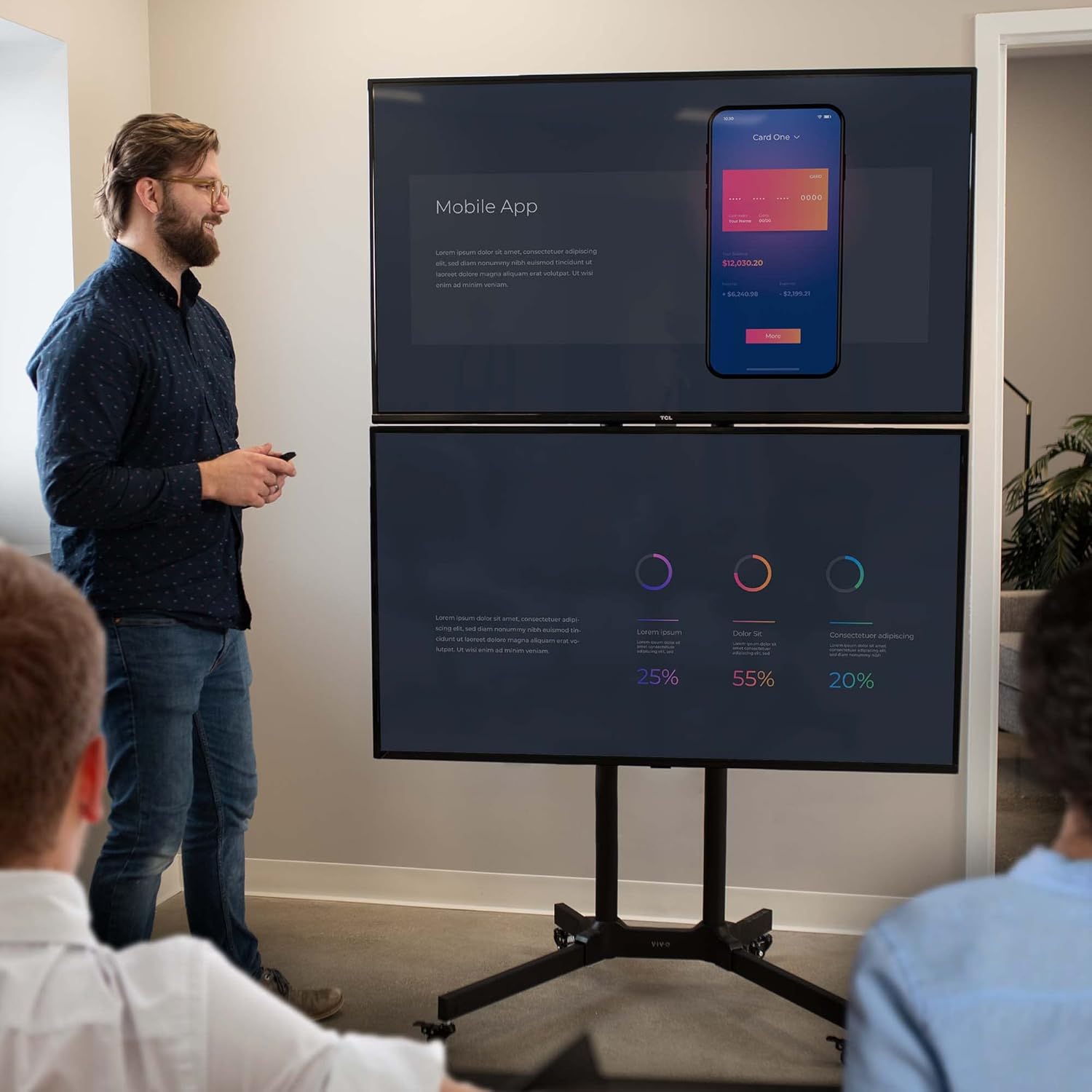 VIVO Mobile TV Cart for 32 to 65 inch Dual Screens up to 70 lbs Each, LCD LED OLED 4K Smart Flat and Curved Panels, Rolling Stand for 2 TV's, Locking Wheels, Max VESA 600x400, Black, STAND-TV03E2