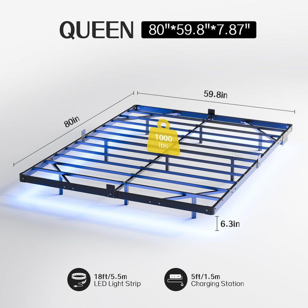 Liians Queen Size Floating Bed Frame with USB Charging Station and LED Lights, Modern Metal Platform Bed Frame with Mattress Slide Stopper, Noise Free No Box Spring Needed and Easy Assembly