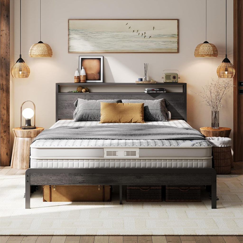 LIKIMIO Queen Bed Frame with Headboard, Dark Wood Camas Queen with Strong Supports, Sturdy, Noise-Free, No Box Spring Needed, Grey