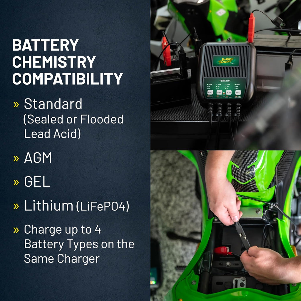 Battery Tender Plus 4 Bank Multibank Charger - 5 AMP (1.25 AMPs Per Bank) - Smart 12V Multi Battery Charger and Maintainer for Standard, AGM, and Lithium LiFePO4-022-0148-DL-WH