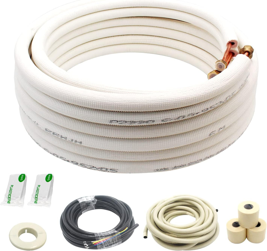 25 Ft Mini Split Line Set.Air Conditioner Copper Tubing Pipes Extension Set, 1/4" & 1/2" 3/8" PE Thickened for AC and Heating Equipment Insulated Coil Line Set HVAC Refrigerant with Nuts. (1/4+1/2)