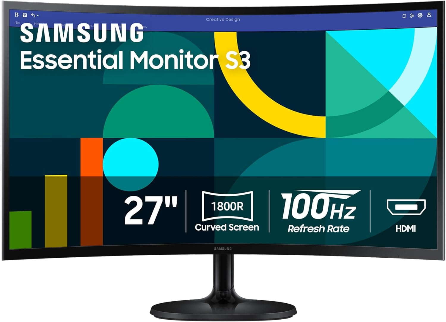 Samsung 27" Essential S3 (S36GD) Curved Monitor - FHD, 1800R Curved Screen, 100Hz, Eye Saver Mode, Game Mode, HDMI D-sub, LS27D36CGANXZA