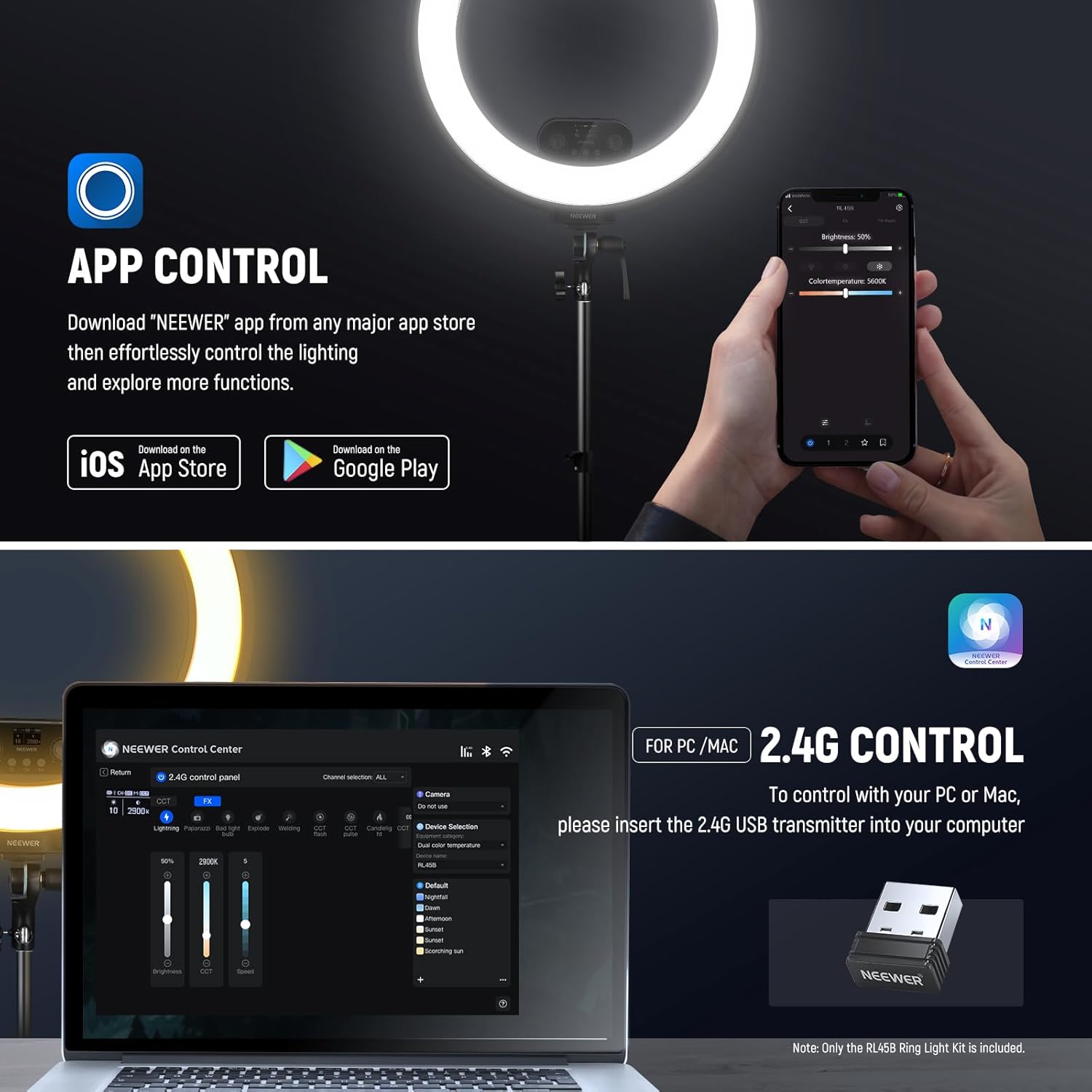 NEEWER 18 Inch Edge Lit Ring Light with Tripod Stand Phone Holder Compatible with iPhone for Video Recording Selfie Makeup Studio Streaming, 45W 2900-7000K APP 2.4G Control Ringlight Lighting, RL45B