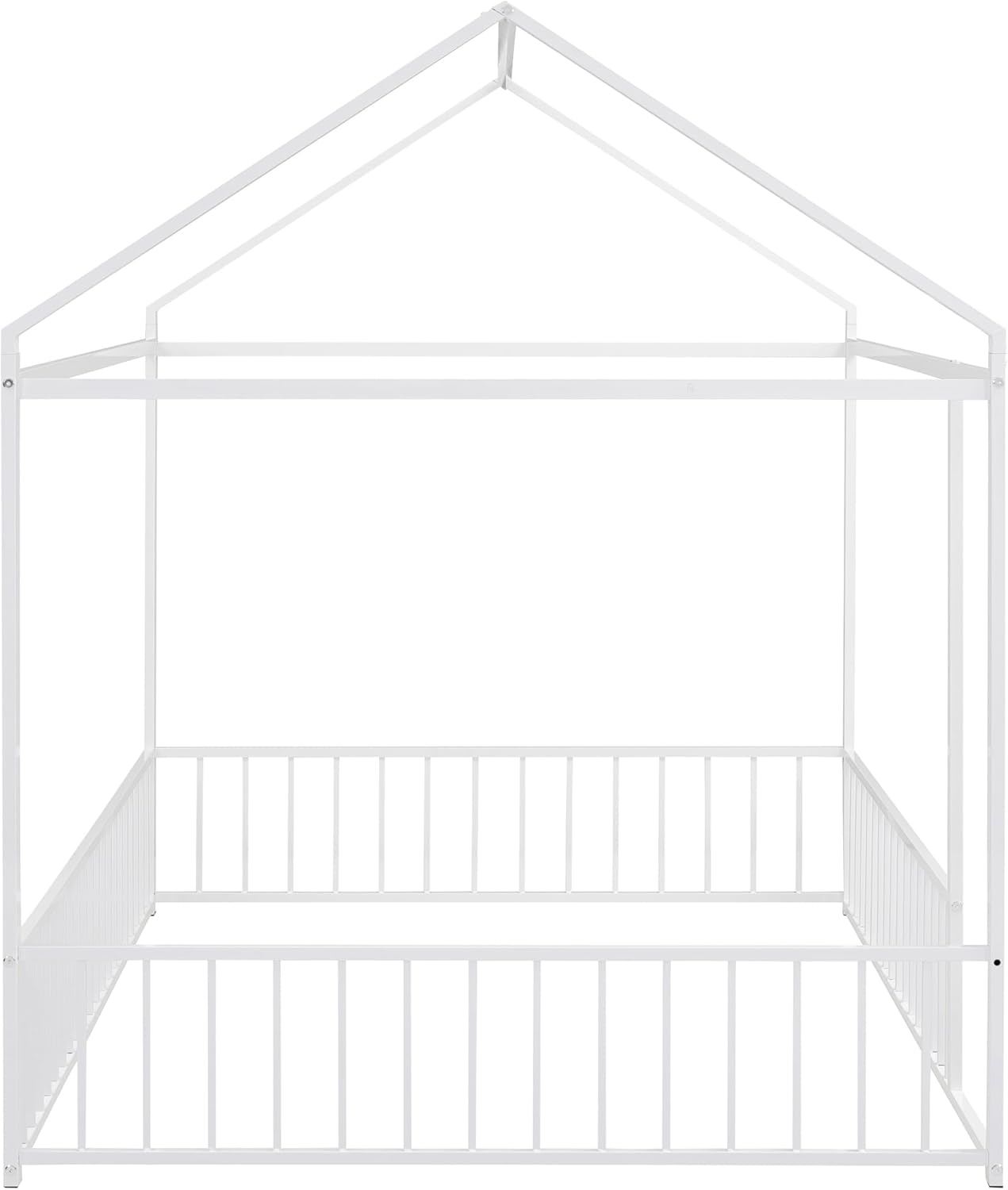 Bellemave Full Size House Floor Montessori Bedframe with Rails and roof, Metal House Bed for Kids, Montessori Floor Beds for Kids White