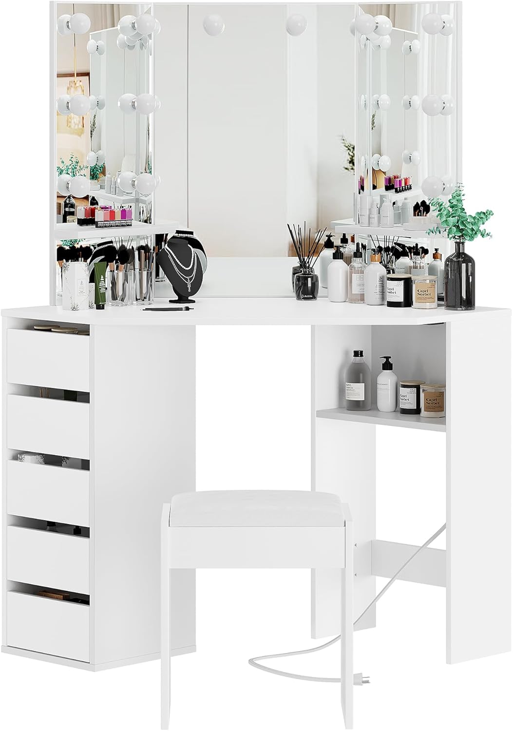 Garvee Corner Vanity Desk and Bench, Makeup Vanity Table with 3-Folding Lighted Mirrors, Charging Station, 5 Drawers for Bedroom