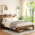 Wooden Queen Size Bed Frame with Storage Headboard, Farmhouse Platform Bedframe with Charging Station & Led Lights, Sturdy Wood Slat Framework, Easy Assembly (Rustic Brown Led)