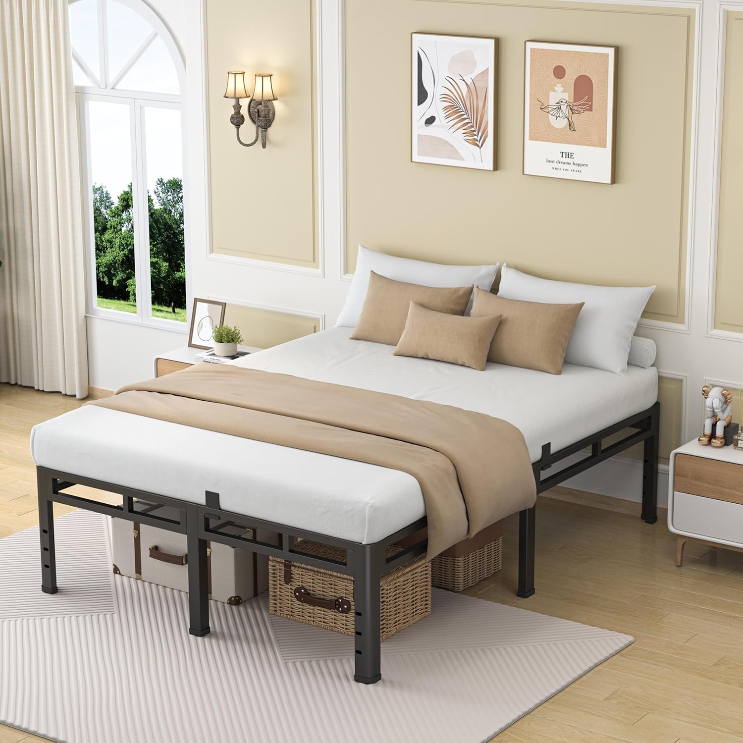 NKZ 24 Inch Queen Size Bed Frame, Metal Bed Frame & Box Spring 2 in 1 Platform with Round Corner Legs, 4000Lbs Heavy Duty Metal Frame, Mattress Slide Stopper, Headboard Hole, Noise-Free, Easy Assembly