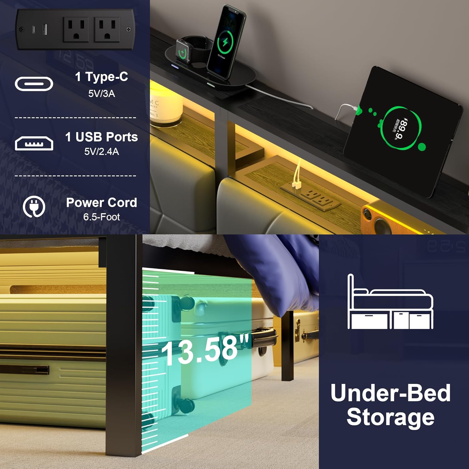 J.Fkne Queen Bed Frame with LED Lights & Charging Station, Metal Platform Bed Frame with 2 Tier Storage Headboard, Under Bed Storage, No Box Spring Needed, Noise Free, Easy Assembly