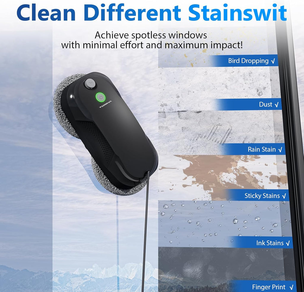 Tosima W5 Window Cleaning Robot, Dual Direction Auto-Spray Smart Window Cleaner with Triple Safety System, Smart Navigation, Remote Control, for All Smooth Surfaces, with 8 Rags, Black
